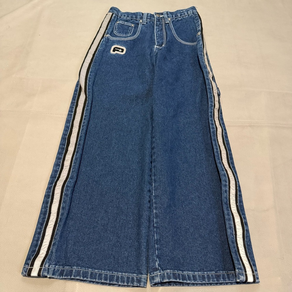 VTG Plugg Y2K Wide Baggy Skate Jean 3M Reflective Stripe Blue Grunge Denim-26